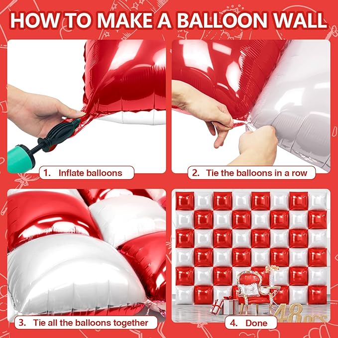 NISOCY 48PCS Red White Square Foil Balloons Wall Backdrop Double Sided Red Pearl White Balloons Arch Kit for Birthday Wedding Bridal Shower Valentine Anniversary Party Decorations