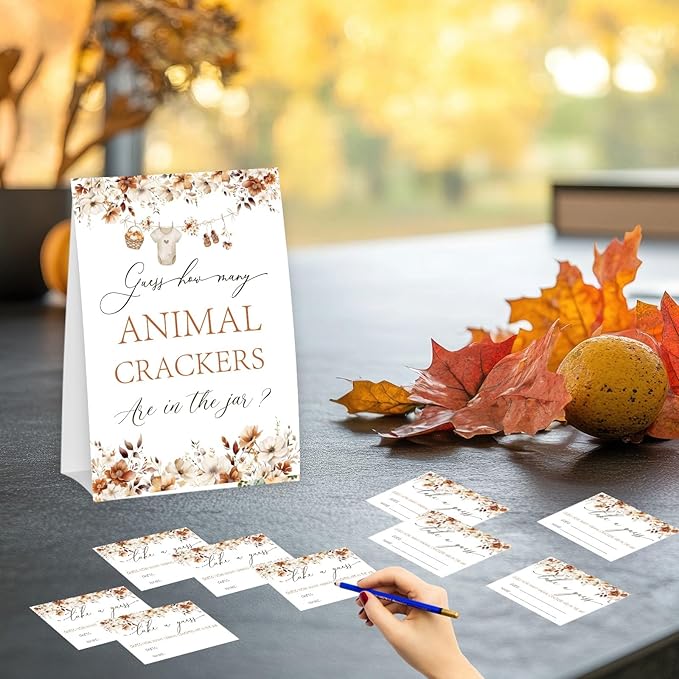 Little Pumpkin Guess How Many Animal Crackers - Thanksgiving Baby Shower Card Set (1 Sign With 50 Guess Cards), Fall Gender Reveal Party Favor Supplies -A02