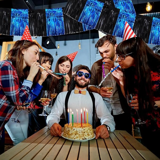 BEISHIDA 3 Packs Metallic Foil Fringe Garland Black Blue Wall Hanging Tinsel Fringe Banners for Car Floats Bridal Shower Wedding Birthday Easter Graduation Holiday Party Decoration(30 Feet)