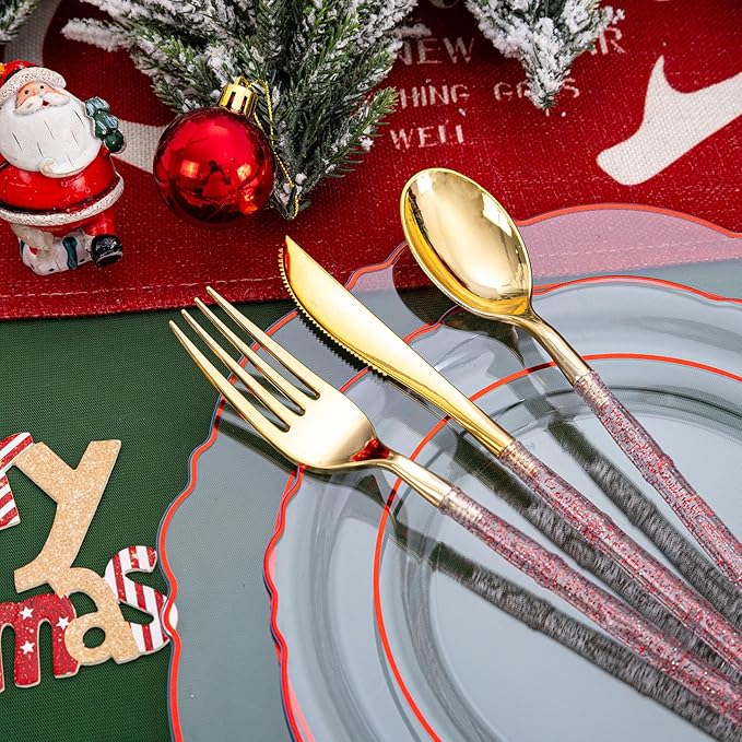 Liacere 150PCS Clear and Red Plastic Plates-Clear Red Disposable Plates with Glitter Bamboo Handle Cutlery-60 Baroque Elegant Plates,30 Forks,30 Spoons,30 Knives for Wedding&Christmas