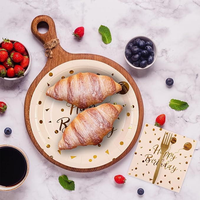 90PCS Happy Birthday Plates and Napkins Party Supplies, Disposable Pink Gold Dot Dessert Paper Plates Napkins with Forks Tableware Set Party Decorations for Girl Women Birthday Parties