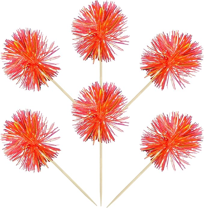 Gyufise 30Pcs Foil Firework Cupcake Toppers Sparkle Tinsel Cake Toppers Tinsel Drink Cake Decoration Cocktail Picks for Birthday Wedding Graduation Party Supplies Dark Orange