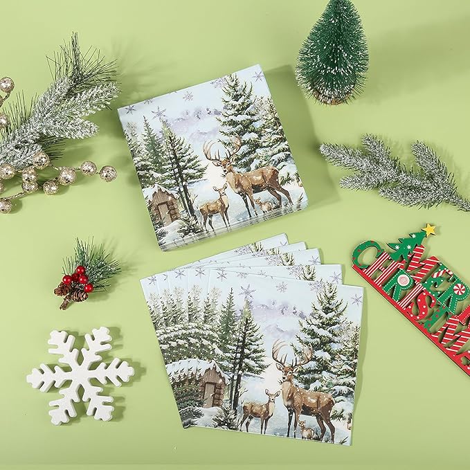 150Pcs Christmas Paper Plates and Napkins Set Christmas Tree Elk Design Disposable Holiday Plates Dinnerware for Xmas Holiday Winter Party,Serves 50