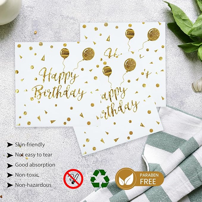 50PCS Happy Birthday Paper Plates and Napkins - 7 Inch Birthday Cake Plates Scalloped White and Gold Dessert Plates and 6.5 Inch Napkins Disposable Tableware Set, Serves 25