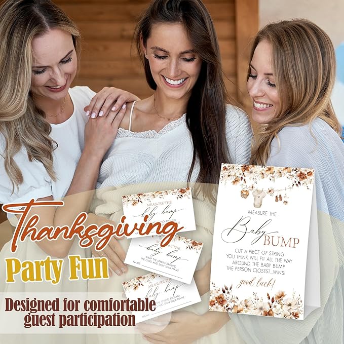 Little Pumpkin Measure The Baby Bump - Thanksgiving Baby Shower Card Set (1 Sign With 50 Guess Cards), Fall Gender Reveal Party Favor Supplies -A03