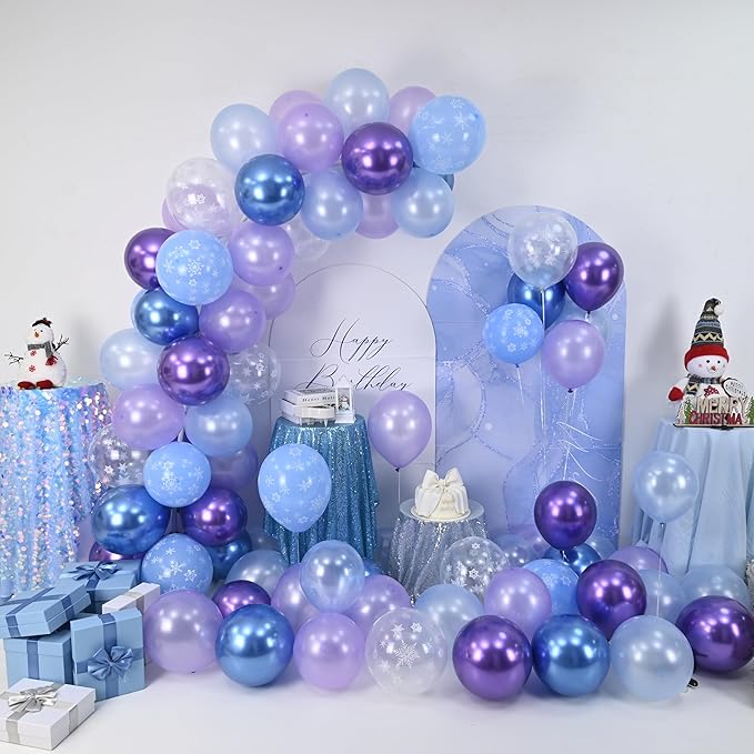 Blue Purple Snowflake Balloons, Pearl Light Blue Purple Metallic Clear Latex Balloons for Girls Princess Snow Winter Wonderland Christmas Baby Its Cold Outside Baby Shower Birthday Party Decorations