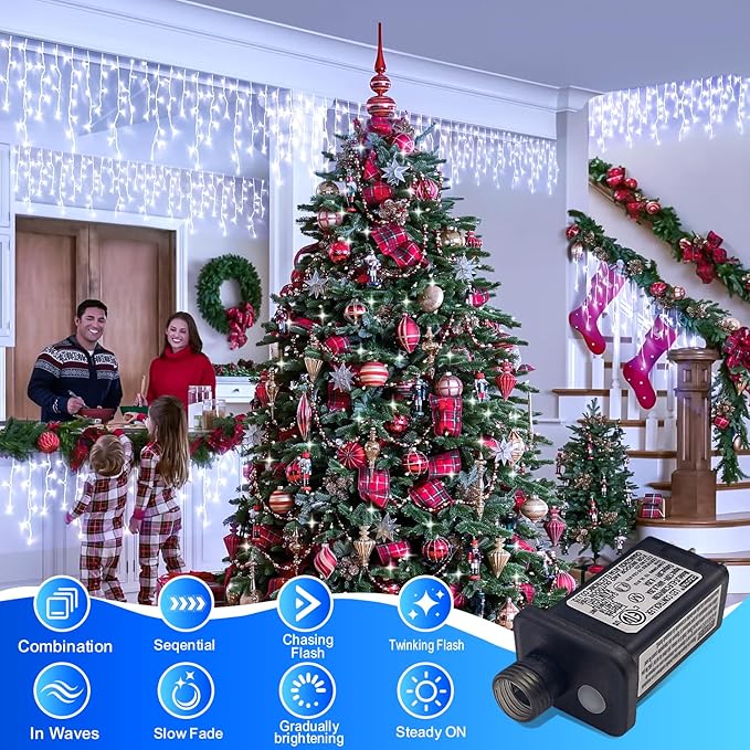 320 LED White Icicle Lights Outdoor Waterproof, 32.8FT Connectable Christmas String Lights with Remote & Timer, 8 Lighting Modes Dimmable Holiday Wedding Party Decorations