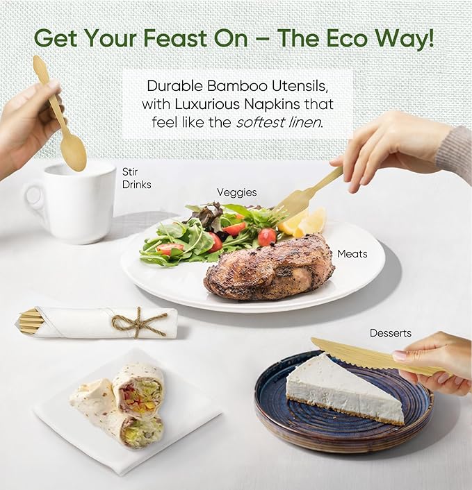 Luxury Pre-Rolled Napkin and Bamboo Cutlery Set (50 Pack, 200 PCS) 100% Biodegradable, Eco-Friendly, Disposable Wrapped Cutlery - Includes Pre-Wrapped Bamboo Forks, Knives, Spoons, & Napkins