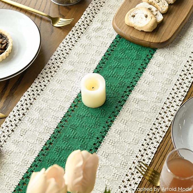 Artoid Mode Dark Green Farmhouse Rustic Table Runner, Seasonal Holiday Hollow Kitchen Dining Table Decoration for Home Party Decor 12x90 Inch