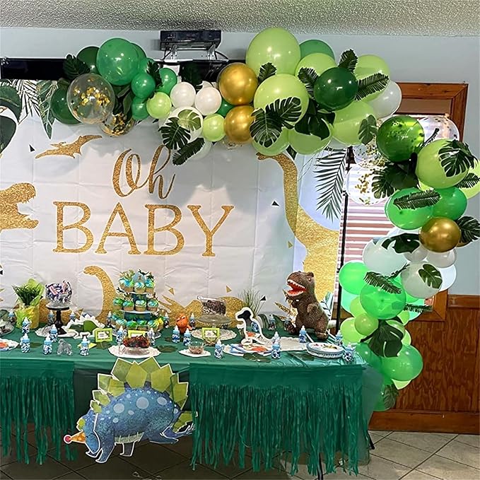 Green Gold Balloons Set, Dark Green Pearl Lime Green Metallic Gold White with Confetti Latex Balloons, Light Green Gold White Balloon for Jungle Dinosaur Birthday Baby Shower Wedding Party Decorations