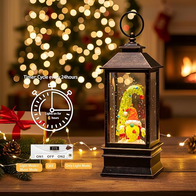 10'' Christmas Gnomes Snow Globe Lantern Lighted Whimsical Christmas Tree & Santa Elf Musical Water Lantern Swirling Glittering Home Decoration and Gift, Battery Operated or USB Powered