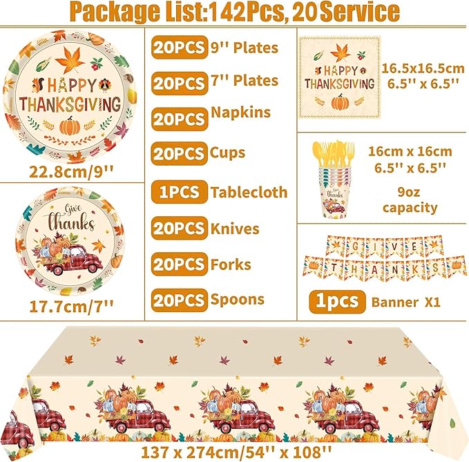 Fall Plates and Napkins Party Supplies, 142pcs Thanksgiving Party Decorations Happy Fall Maple Leaves Tableware Set for Fall Harvest Thanksgiving Birthday Party Decorations