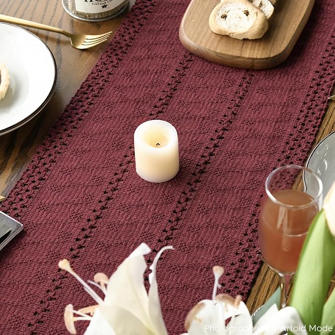 Artoid Mode Red Farmhouse Woven Rustic Hollow Table Runner, Seasonal Holiday Hollow Kitchen Dining Table Decoration for Home Party Decor 12x48 Inch