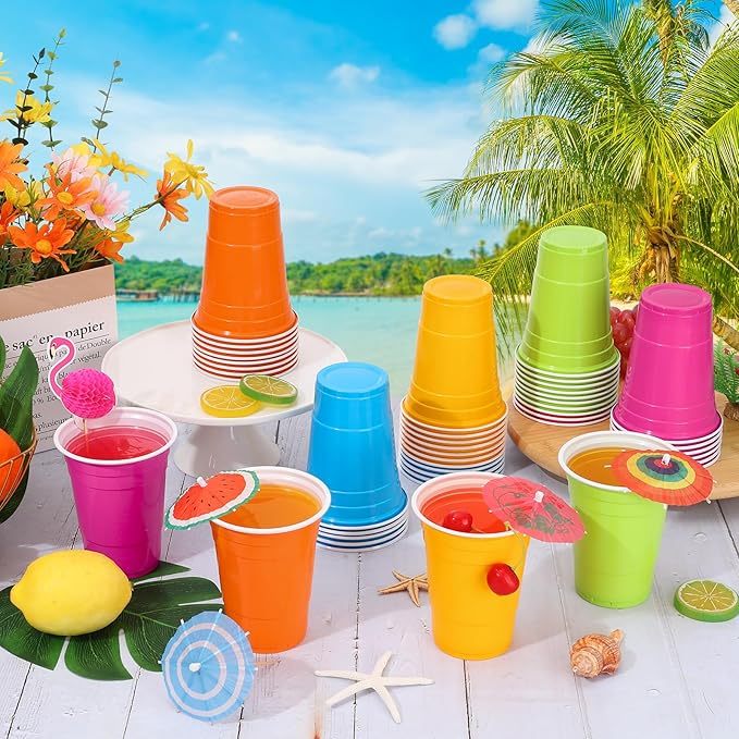 KesaPlan 100PCS 16 oz Hawaii Laua Cups, Colorful Plastic Cups in Orange, Hot Pink, Blue, Lime and Yellow, Disposable Drinking Cup for Tropical Luau Hawaiian Moana Birthday Party Decorations Supplies