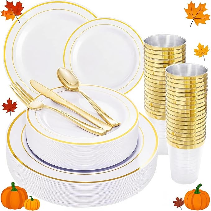 WELLIFE 96 Pcs Gold Plastic Dinnerware Set, Disposable Silverware and Cups, Gold Dinnerware Set, Includes: 16 Dinner Plates 10.25", 16 Dessert Plates 7.5", 16 Cutlery for Party