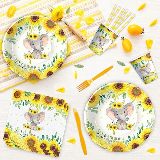 Xigejob Elephant Baby Shower Party Supplies - Elephant Baby Shower Birthday Decorations Tableware Include Plates, Cups, Napkins, Tablecloth, Cutlery, Straws | Serves 24