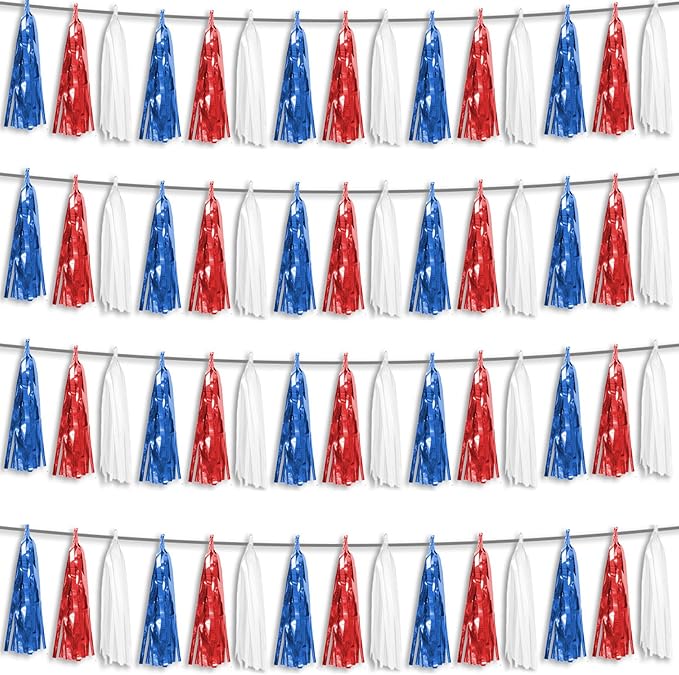 4P Red Blue White Foil Fringe Metallic Tassel Streamers Banner Tassel Garland for Parade Floats, Graduation, Wedding, Birthday, Halloween, Christmas, Independence Day, 4th of July, Party Decorations