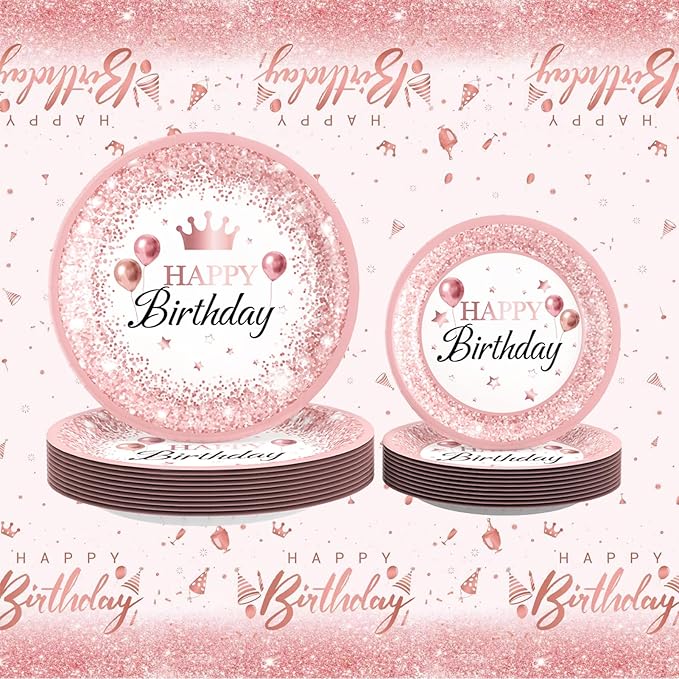 212Pcs Pink Rose Gold Plates Napkins Birthday Party Supplies Disposable Birthday Dinnerware Set,Girls Birthdays Party Plates Pink Sets With Banners Cups Forks knives Spoons Tablecloth Balloon Serve 24
