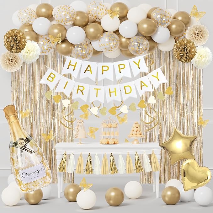 White and Gold Birthday Party Decorations Kit for Women Girls, Gold White Sand Confetti Foil Balloons Happy Birthday Banner Fringe Curtains Butterfly Garland Baptism Communion Supplies
