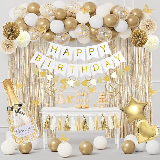 White and Gold Birthday Party Decorations Kit for Women Girls, Gold White Sand Confetti Foil Balloons Happy Birthday Banner Fringe Curtains Butterfly Garland Baptism Communion Supplies