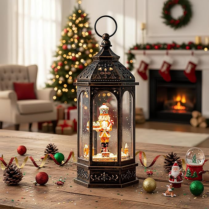 12.8'' Christmas Gingerbread Nutcracker Snow Globe Lantern, Lighted Animated Rotating Train with Musics Swirling Glitter Water Lantern Decoration for Home