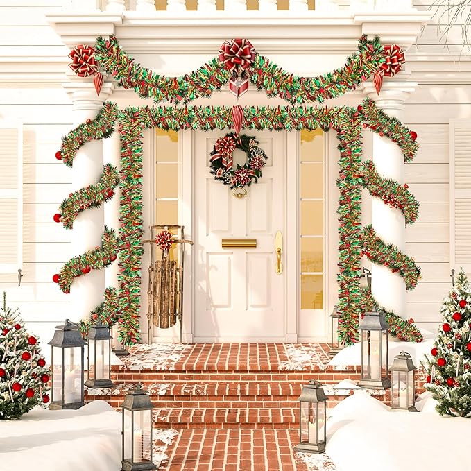 50Ft Christmas Tinsel Twist Garland, Metallic Twist Garland Tree Decorations for Christmas Tree New Year Party Birthday Holiday Supplies Indoor and Outdoor Decoration (Red Green Gold)