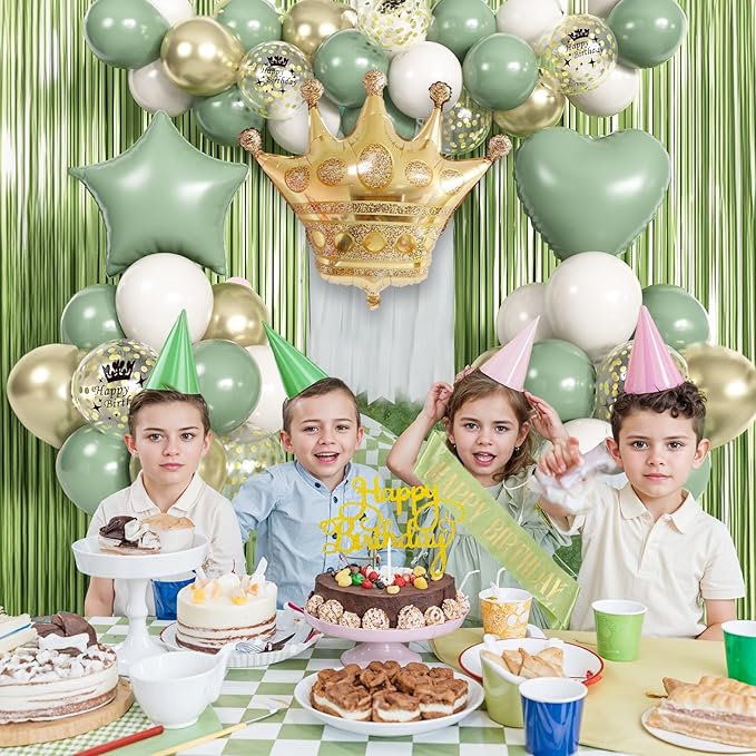 Sage Green Birthday Decorations with Olive Green Fringe Curtain Sash Foil Balloon Eucalyptus White Gold Latex Balloons Happy Birthday Banner for Girls Women Party Decoration