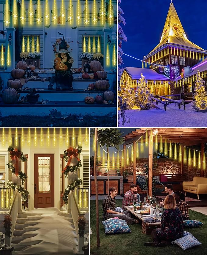 Meteor Shower Lights Outdoor Christmas Lighting Falling Rain Lights 12Inch 10Tubes Rain Drop Light Snowfall Icicle Cascading String Decor for Xmas Holiday Tree Garden Decor,Shine Warm White