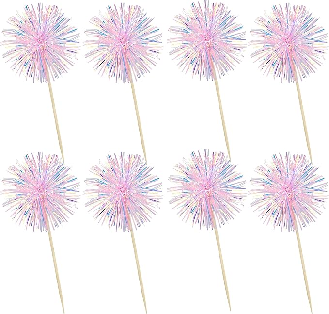 Ephlyn 30Pcs Foil Firework Cupcake Toppers Happy Birthday Cake Toppers Tinsel Flower Drink Stirrers Cocktail Food Fruit Toothpicks for Valentine's Day Party Decorations Pink