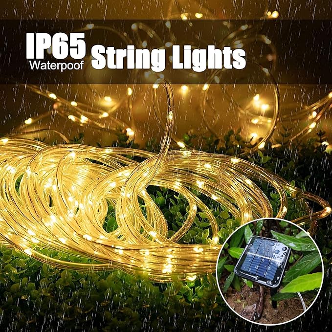 Solar Rope Light 33FT 100L IP65 Weatherproof Outdoor LED Copper Fairy String Tube Lights for Party Garden Porch Yard Home Wedding Vacation Daily Holiday Tree Decoration Lighting (Warm White)