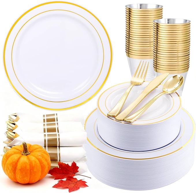 350Piece Gold Dinnerware Set for 50 Guests - Gold Plastic Plates with Disposable Cutlery Include:50Dinner Plates-50Dessert Plates-50Pre Rolled Napkins with Silverware for Thanksgiving