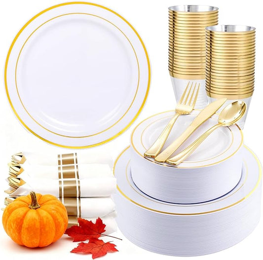 350Piece Gold Dinnerware Set for 50 Guests - Gold Plastic Plates with Disposable Cutlery Include:50Dinner Plates-50Dessert Plates-50Pre Rolled Napkins with Silverware for Thanksgiving