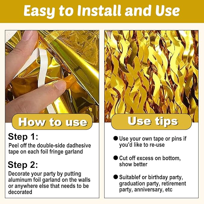 6 Pack 10 Feet Gold Wave Foil Fringe Garland Metallic Tinsel Streamers Banner Wall Hanging Curtain Backdrop for Parade Floats, Mother's Day, Easter, Wedding, Birthday Party Decoration