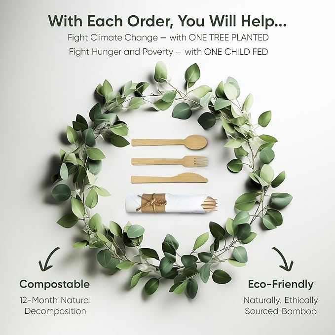 Premium Pre Rolled Napkin and Bamboo Cutlery Set (10 Pack, 40 PCS) 100% Biodegradable, Eco-Friendly, Disposable Wrapped Cutlery - Pre-Wrapped Bamboo Forks, Knives, Spoons, Napkins, Brown Roll