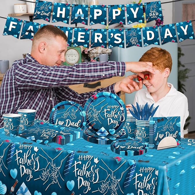 Happy Father's Day Tableware Set - 142pcs with Plates, Napkins, Tablecloth, Cups & Supplies for 'I Love Dad' Party Decoration