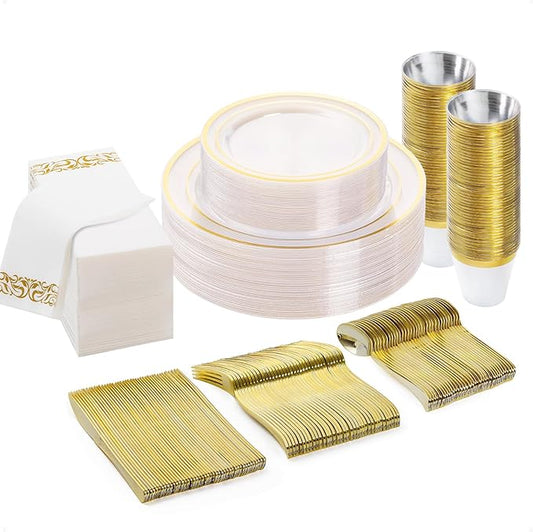 BESTVIP 175PCS Clear Gold Disposable Dinnerware Set for 25 Guests, Plastic Plates for Party, Wedding, Christmas, Halloween, Include: 50Plastic Plates, 25 Gold Silverware, 25 Cups, 25 Napkins