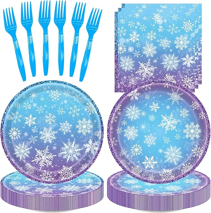 96Pcs Frozen Birthday Party Decorations Frozen Tableware Set Snowflake Christmas Plates Napkins Forks Serves 24 Guests Baby Shower Winter Wonderland Decorations