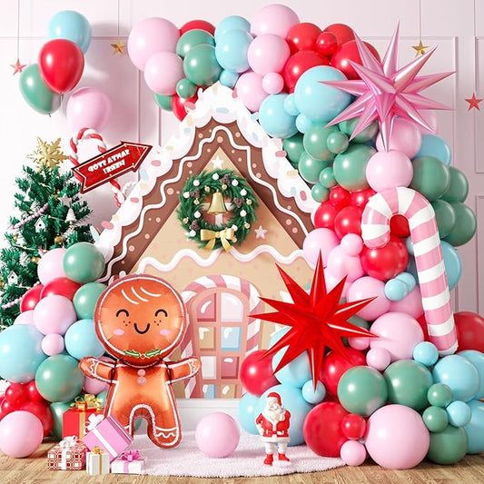 FunHot Pink Christmas Balloons Arch Kit, Xmas Pink Green Balloons Garland, Teal Blue Mint Green Latex Balloons Gingerbread Man Candy Cane Star Foil Balloon for New Year Christmas Party Decorations