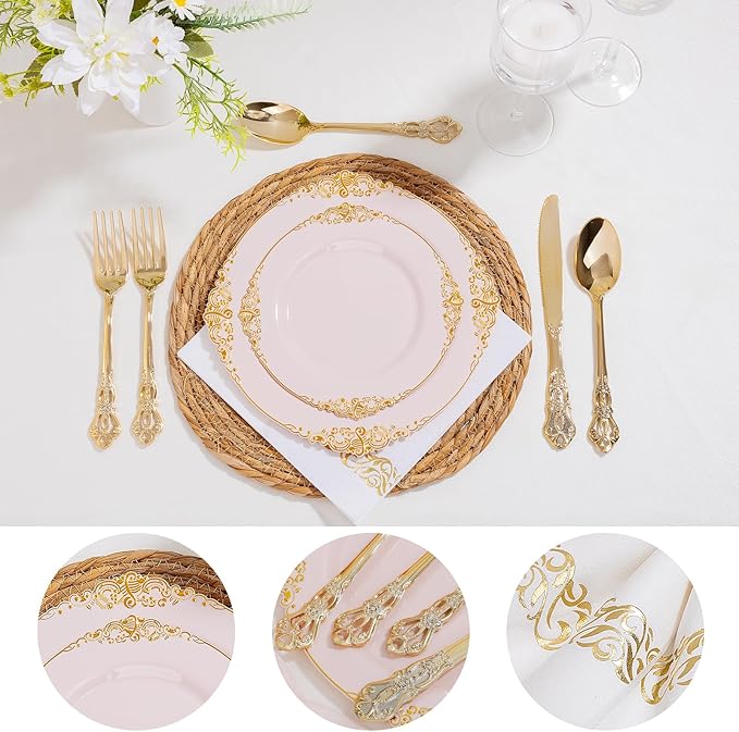 Ciaell 300PCS Pink and Gold Plastic Plates - Pink Disposable Dinnerware Sets for 50 Guests - 100 Plates, 50 Knives, 50 Forks, 50 Spoons, and 50 Napkins for Wedding, Anniversary and Party