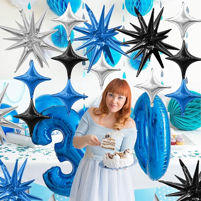 Black Blue Silver Star Balloons,Explosion Star Balloons Kit with 6Pcs 22Inch Cone Star Foil Balloons and 10Pcs 10Inch Four Pointed Star Balloons for Birthday Anniversary Disco Party Decorations