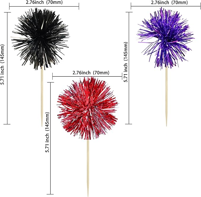 Gyufise 30Pcs Foil Firework Cupcake Toppers Sparkle Tinsel Cake Toppers Tinsel Drink Cake Decoration Cocktail Picks for Halloween Birthday Wedding Graduation Party Supplies Purple Black Red
