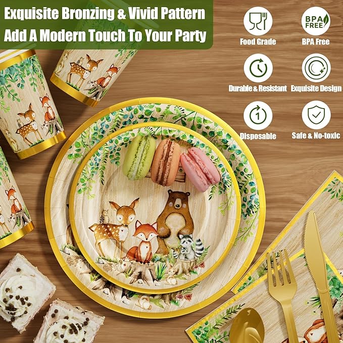 Ecomore Woodland Baby Shower Decorations Supplies - 175PCS Forest Animal Disposable Dinnerware Set (25 Guest) With Gold Paper Plates Cups Napkins Plastic Fork Knives Spoon for Baby Boy Birthday Party