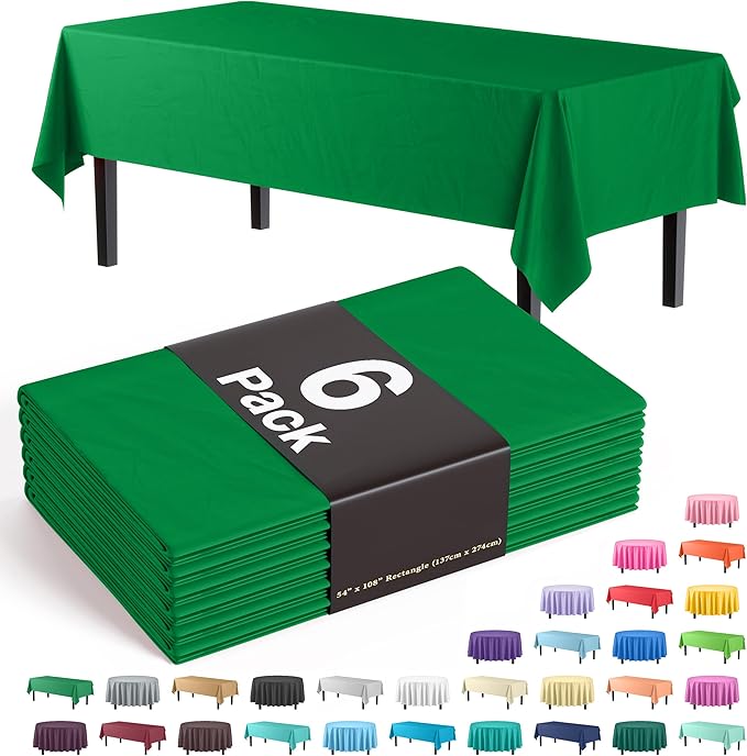 Party Solids 6-Pack Premium Plastic Tablecloth 54in. x 108in. Rectangle Plastic Table Cover - Emerald Green