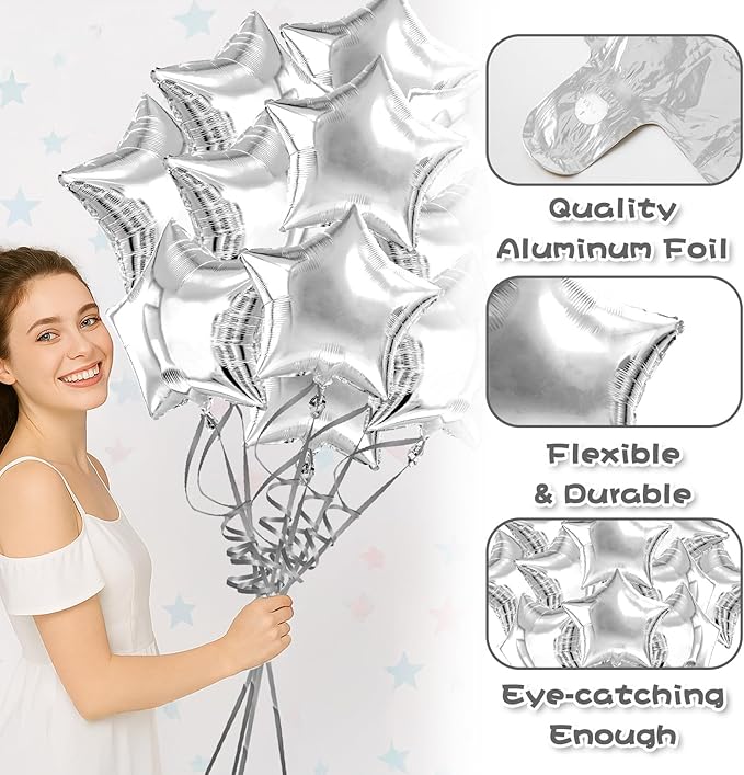 Silver Star Balloons Christmas Gifts Graduation Foil Balloons Mylar Balloon For Helium Metallic 12pcs 18 Inch Silver Birthday Decorations Room Decor Party Decorations Baby Shower Anniversary Wedding