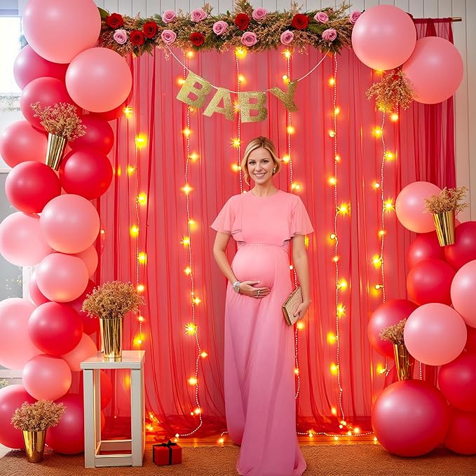 20ft x 10ft Red Backdrop Curtain with Lights String for Parties, Sheer Tulle Wedding Photo Backdrops Drapes for Baby Shower Birthday Party Decorations Background for Photography