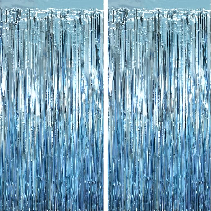 2 Pack Light Blue Tinsel Foil Fringe Curtains, Blue Party Decorations, Metallic Tinsel Party Streamers Backdrop for Birthday Baby Shower Graduation Wedding Anniversary Party Decorations