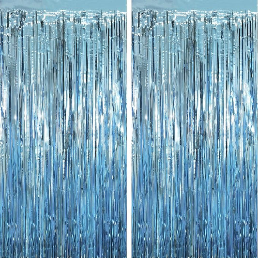 2 Pack Light Blue Tinsel Foil Fringe Curtains, Blue Party Decorations, Metallic Tinsel Party Streamers Backdrop for Birthday Baby Shower Graduation Wedding Anniversary Party Decorations