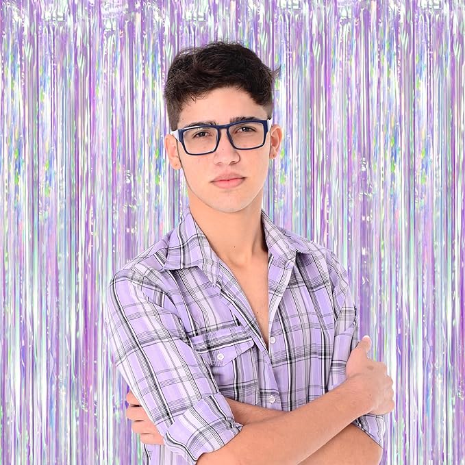 2 Pack Iridescent Purple Foil Fringe Curtains, Glittering Tinsel Streamers Party Decorations,Mermaid Fringe Backdrop for Gir's Birthday, Bachelorette, Baby Shower Theme Party