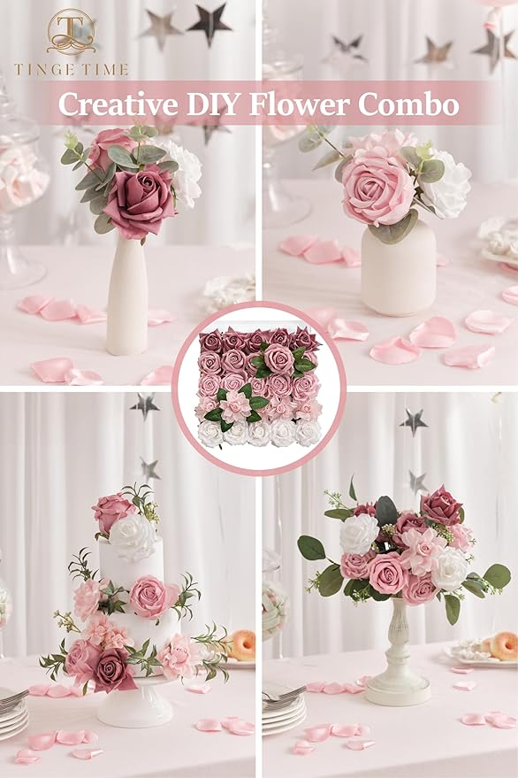 TINGE TIME Artificial Flowers, 25pcs Real Looking Gradient Purple Pink Rose Fake Roses w/Stem for DIY Wedding Bouquets Centerpieces Arrangements Party Baby Shower Home Decorations