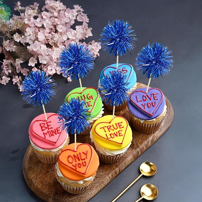 Gyufise 30Pcs Foil Firework Cupcake Toppers Sparkle Tinsel Cake Toppers Tinsel Drink Cake Decoration Cocktail Picks for Birthday Wedding Graduation Party Supplies Dark Blue